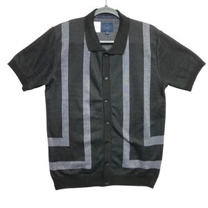 Marc Asher Knit Polo Shirt Mens Medium Black Gray Geometric Button Front